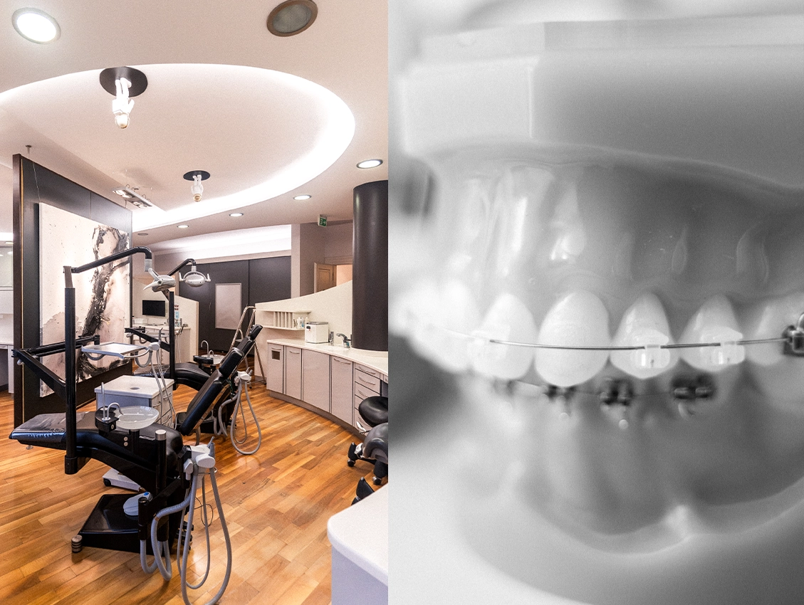 Moderner Behandlungsraum und Detail einer Zahnspange